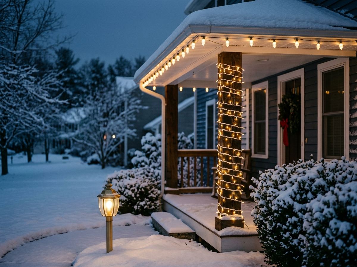 House corner at dusk showing roofline lights, a porch post wrapped in lights, and a ground-level path light together
