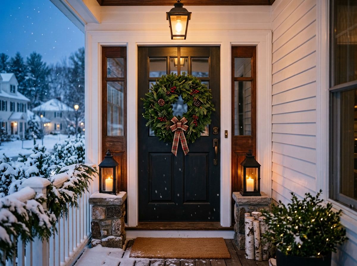 Decorated front door at dusk with an evergreen wreath and two matching lit lanterns