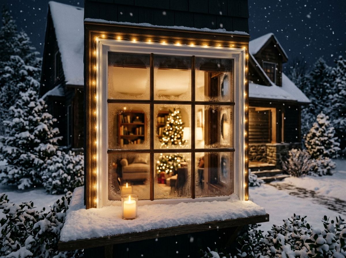 A single warm candle glowing on a snowy windowsill with lights outlining the window trim