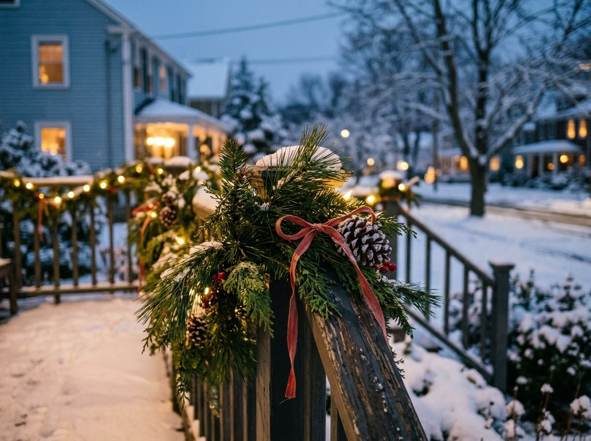 Evergreen garland wrapped loosely on a porch railing with pinecones and a ribbon