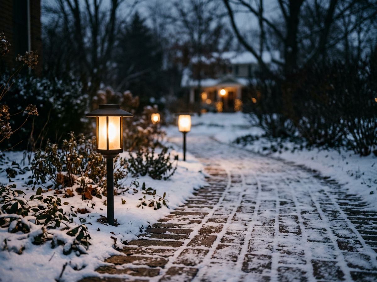 Low angle view along a snow-dusted walkway lined with small path lights, porch soft in the background