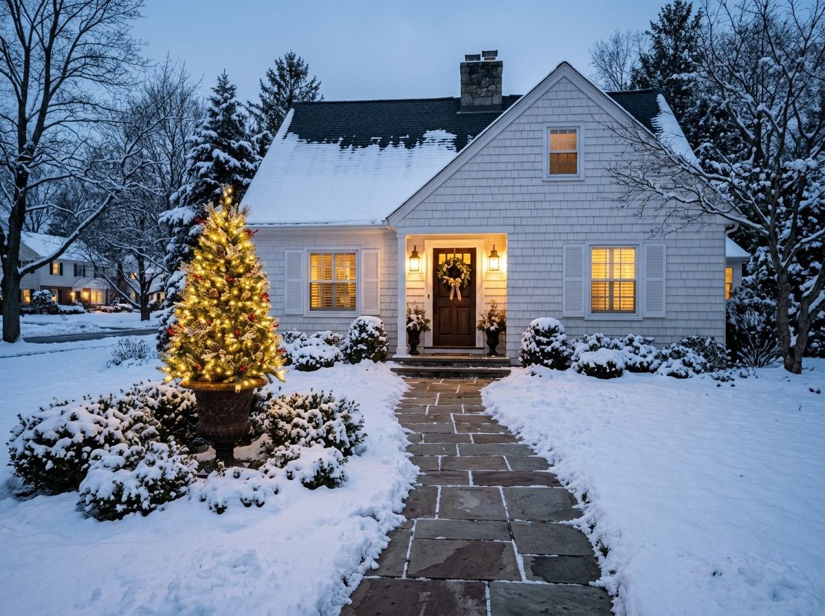 A large lit Christmas tree in an oversized planter urn in front of a house at dusk