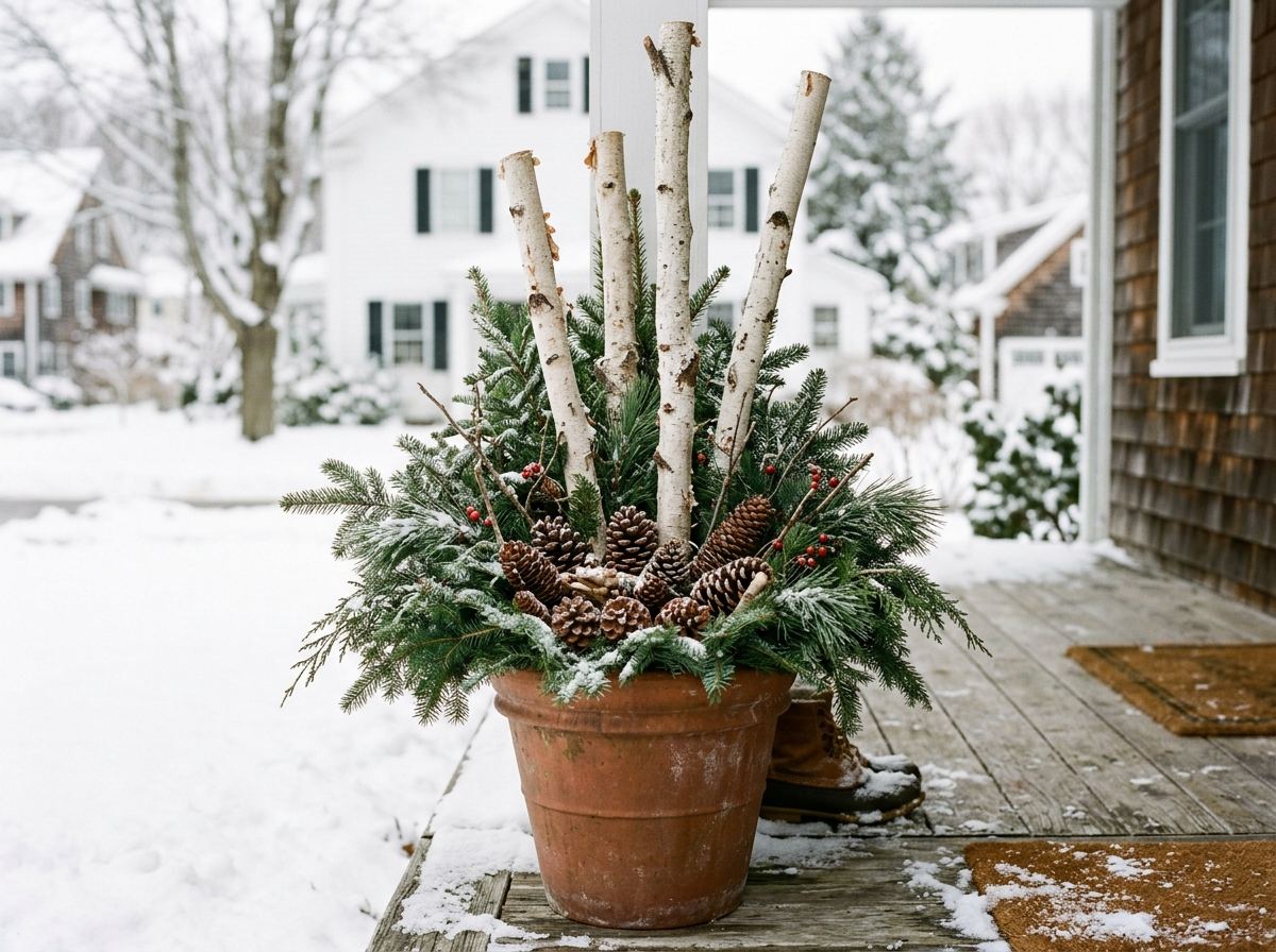 Porch planter filled with fresh evergreen boughs, white birch branches, and pinecones