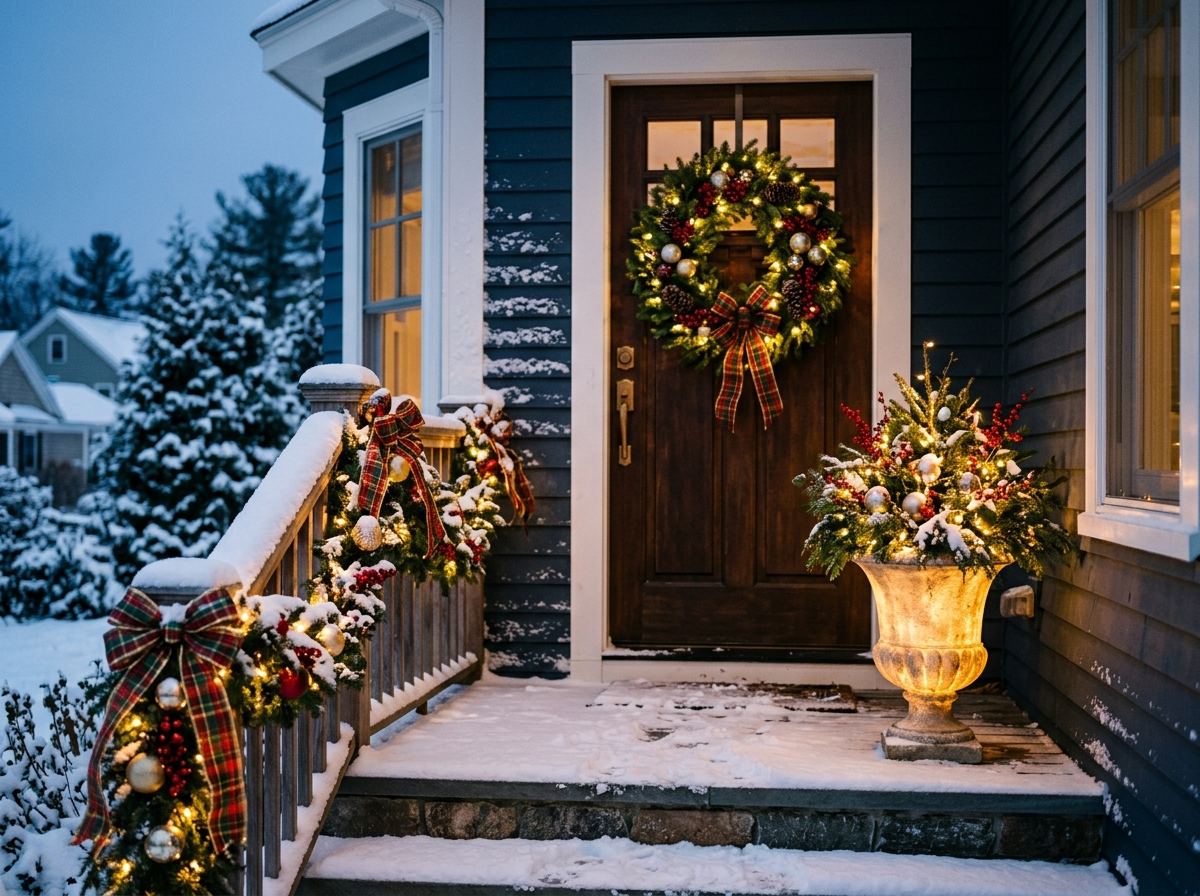 Close view of a porch entry with a coordinated wreath, railing garland, and lit urn in one color story