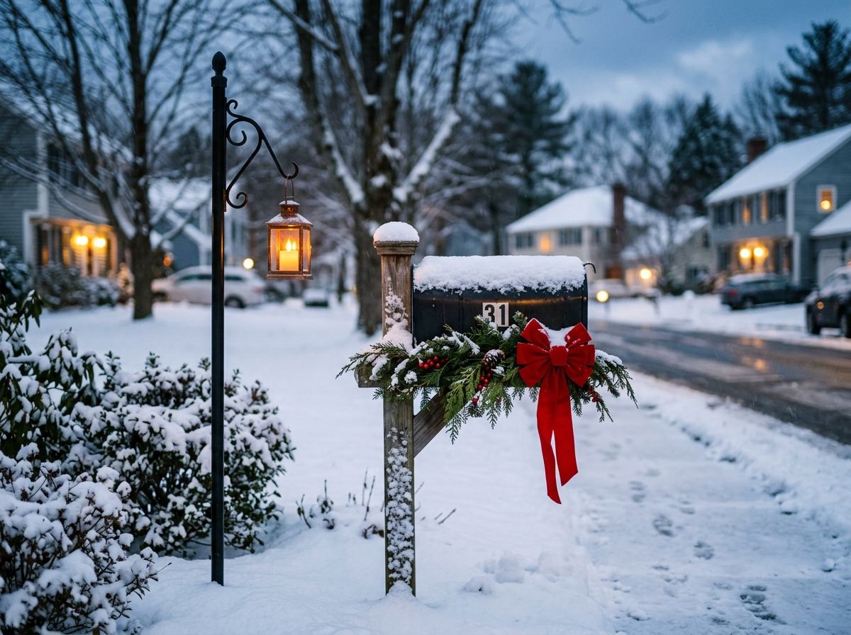 Curbside mailbox wrapped in a small evergreen garland with a red bow, lamp post nearby with a lit lantern
