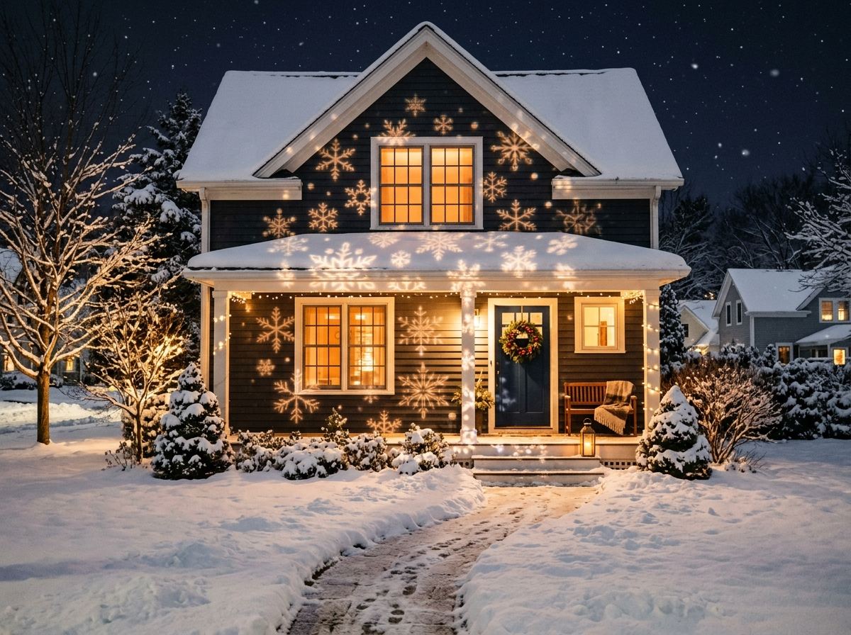 House facade at night with a soft snowflake light projection pattern cast across it