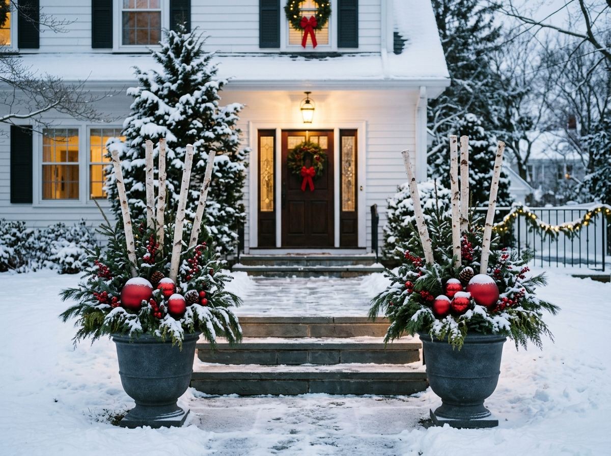 Two matching planters filled with evergreen branches and ornaments flanking front steps