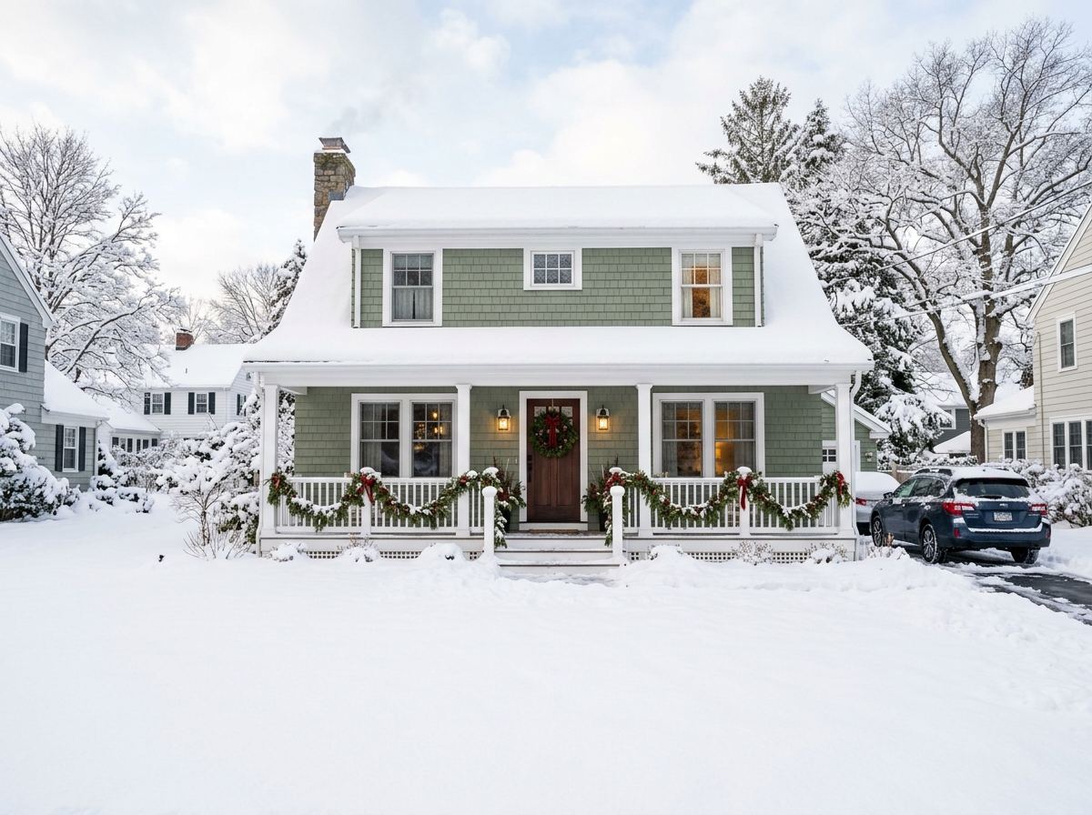 Snow-covered house exterior with modest, uncluttered Christmas decoration and open stretches of clean snow