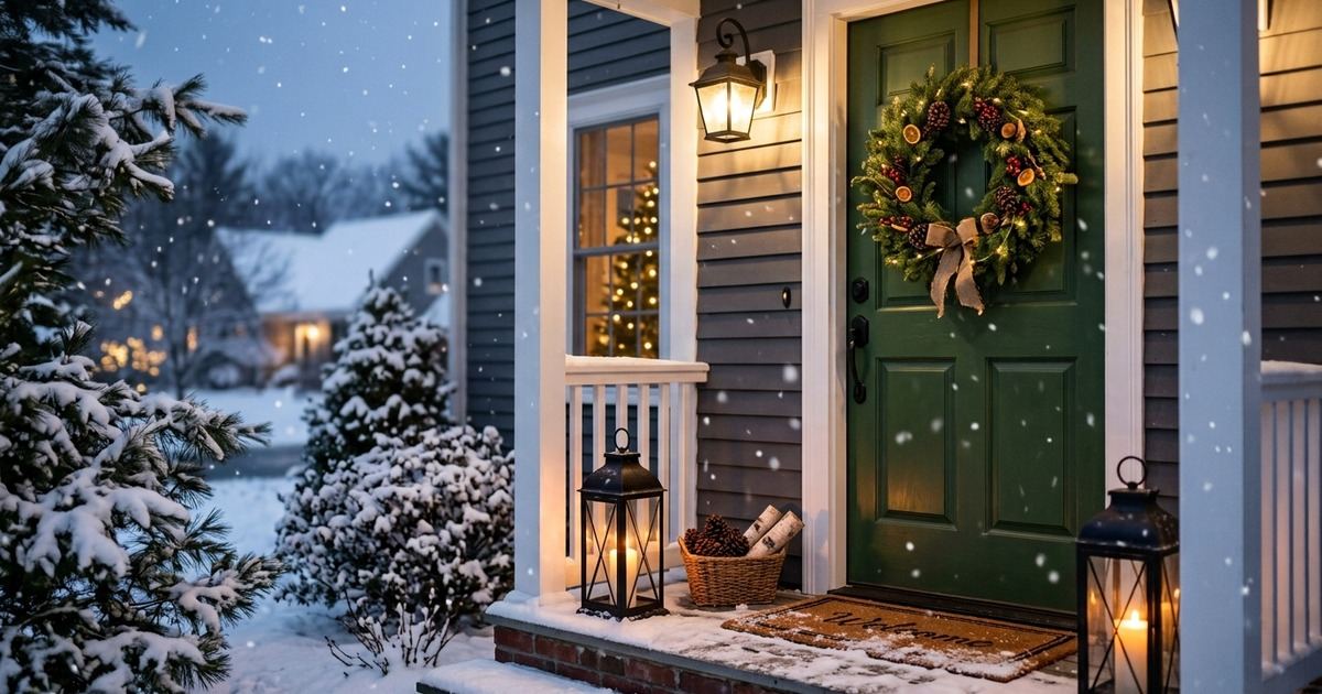 Cozy suburban house decorated for Christmas at dusk with warm string lights and a lit wreath