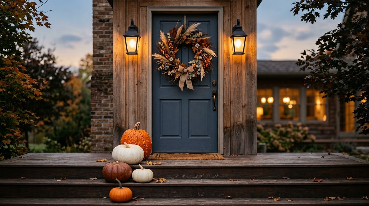 Front porch with a dried wreath, flanking lanterns and pumpkins of different heights on the steps