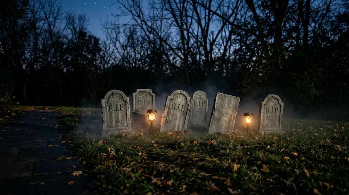 Small cluster of foam tombstones in a yard corner with solar lanterns and low fog