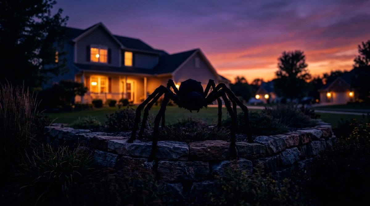 Large spider prop on a low garden wall silhouetted against the evening sky
