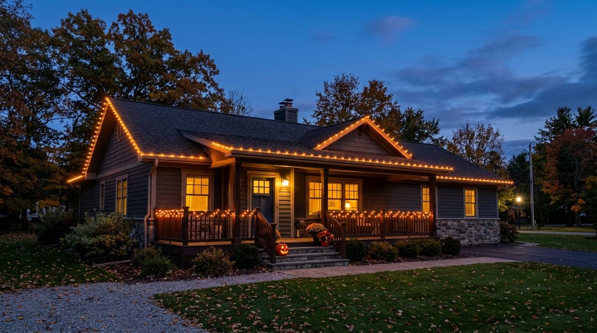House roofline outlined with warm orange string lights at dusk