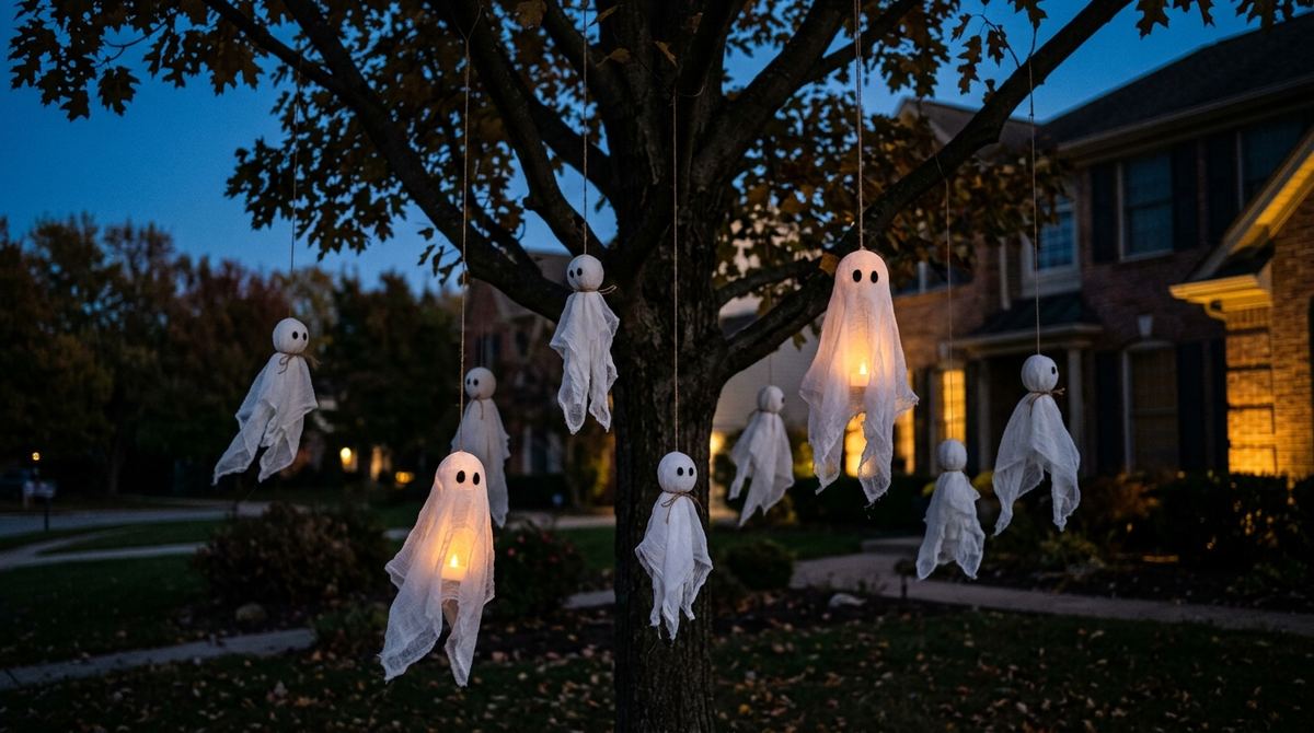 Cheesecloth ghosts hanging at different heights from a front yard tree