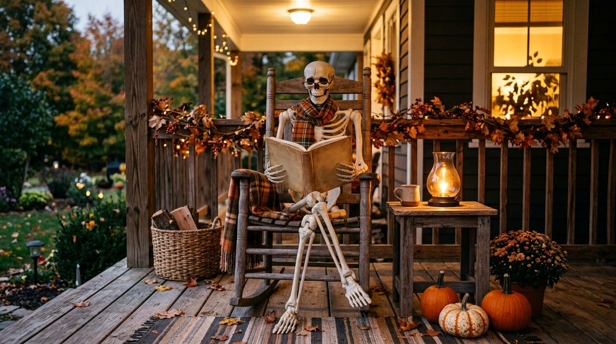 Poseable skeleton sitting in a chair on a porch reading a book