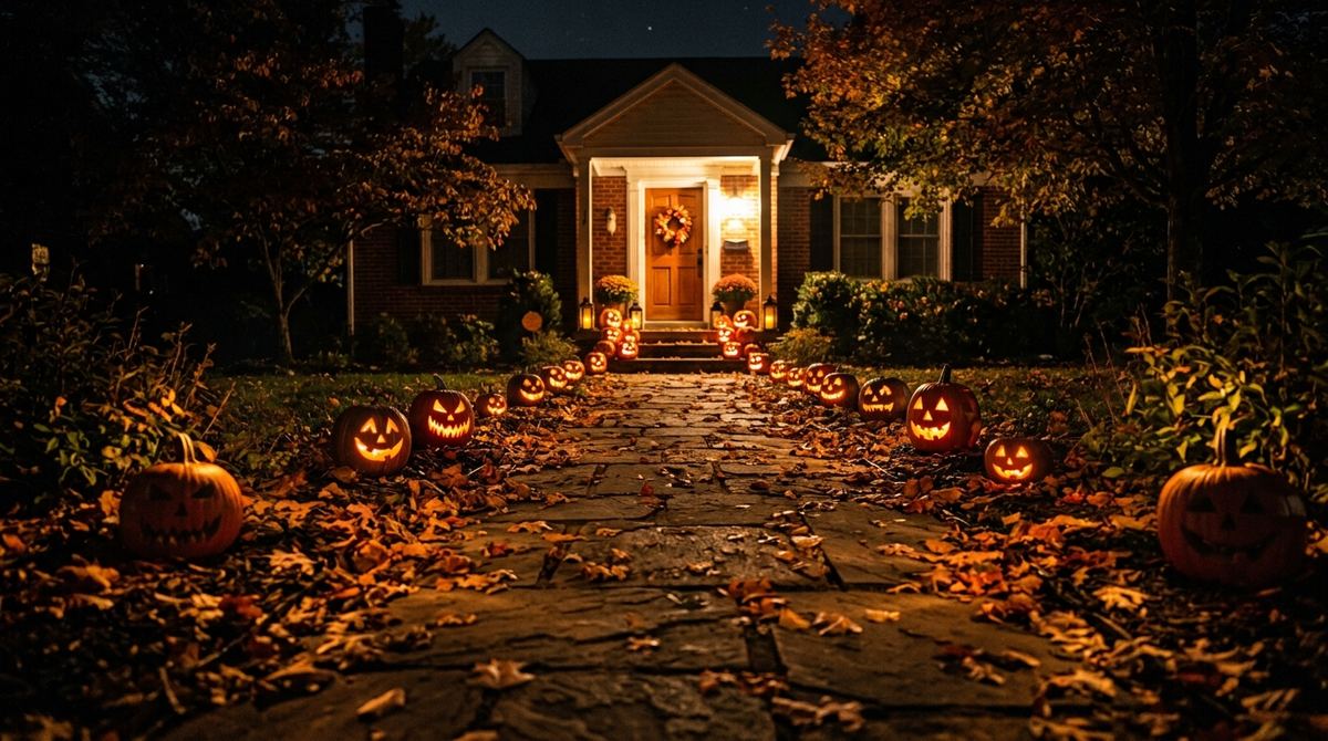 Front walkway lined with glowing carved pumpkins leading to the door at night