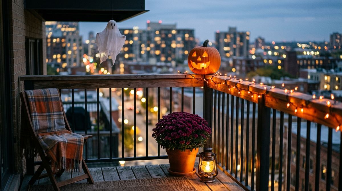 Small apartment balcony with a pumpkin, string lights, a hanging ghost and a dark potted mum