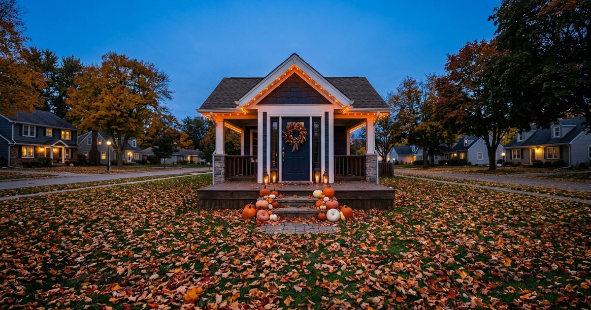 Suburban house porch decorated for Halloween at dusk with pumpkins, lanterns and orange lights