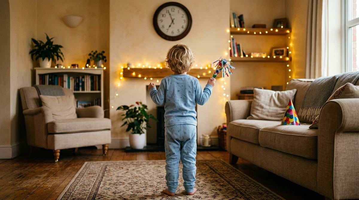 Child holding a noisemaker looking toward a wall clock in a warm evening room
