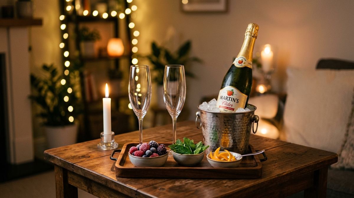 Small drink station with champagne flutes and a tray of garnishes