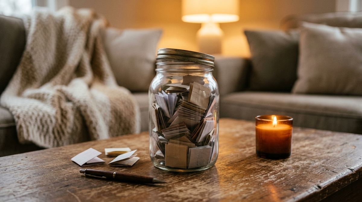 Glass jar of folded paper notes on a coffee table