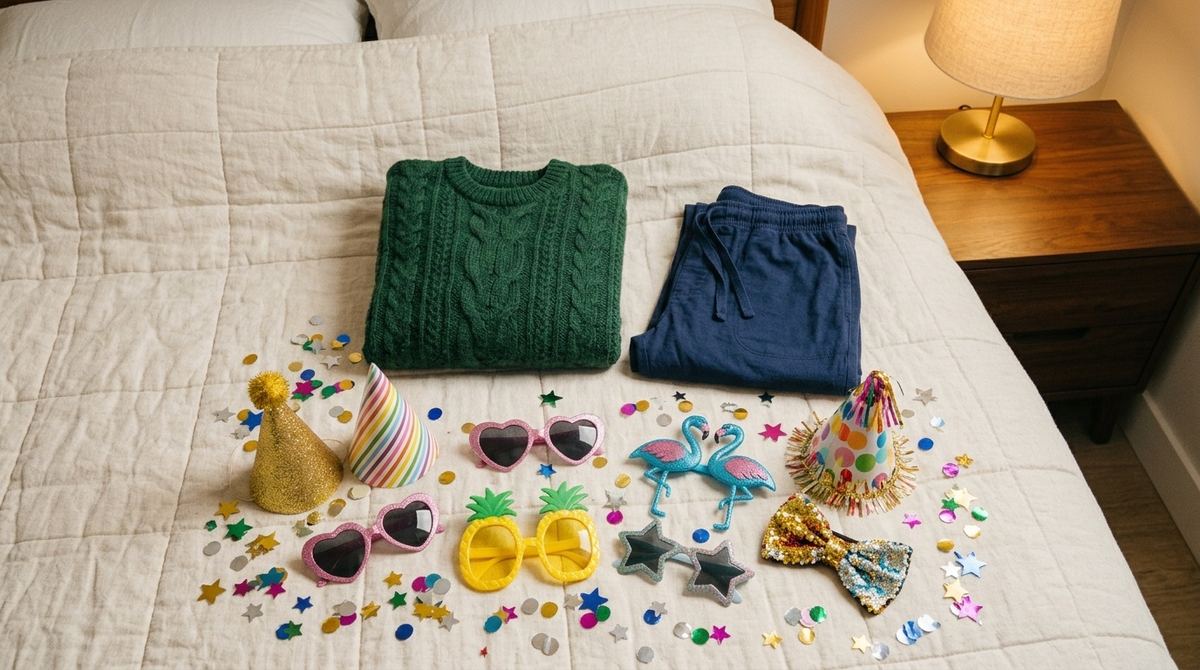 Party hats and sunglasses laid out on a bed next to a folded sweater and pajama pants