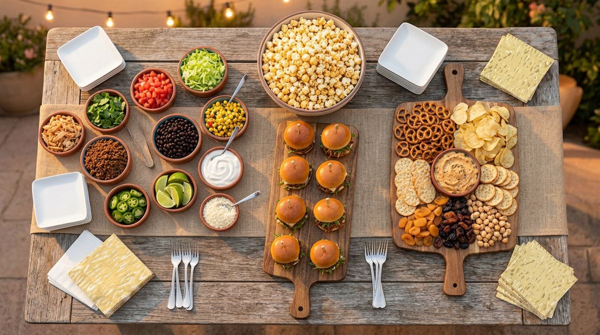 Overhead build-your-own food spread with small bites