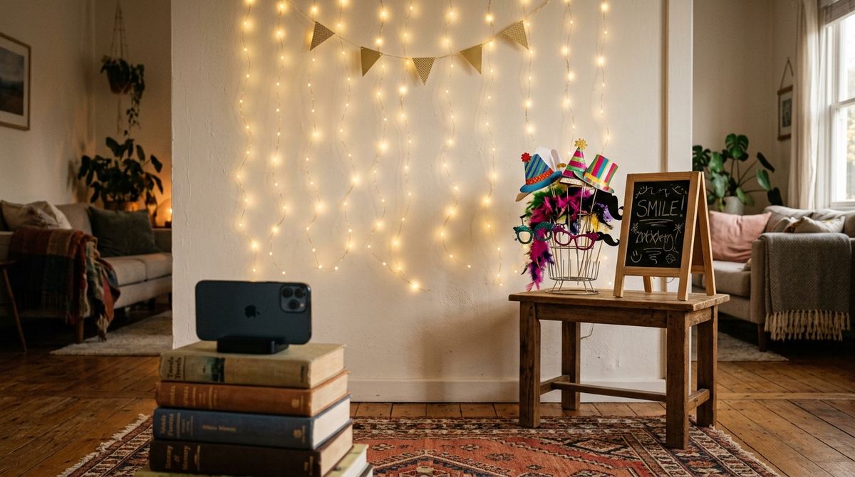 Simple photo backdrop corner with string lights and party props