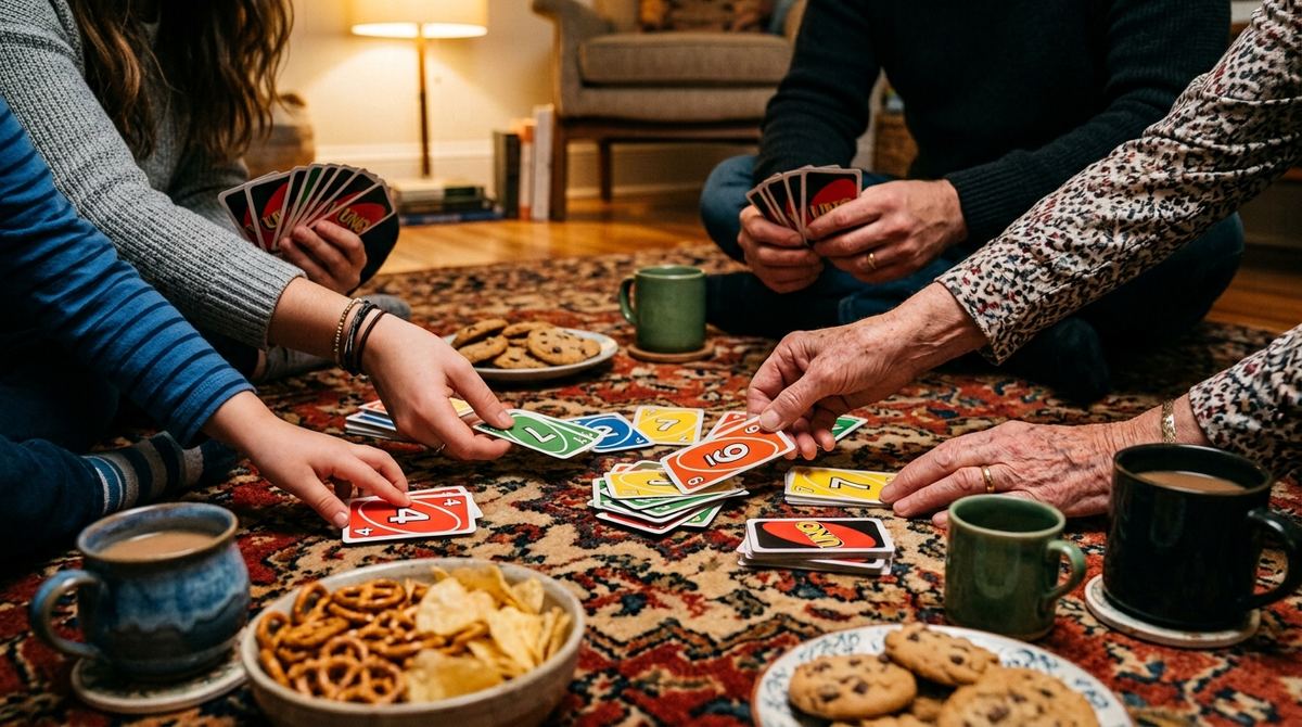 Hands playing a card game on a living room rug