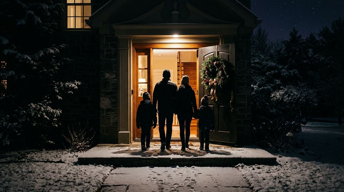 Family silhouettes stepping outside at night from a lit doorway