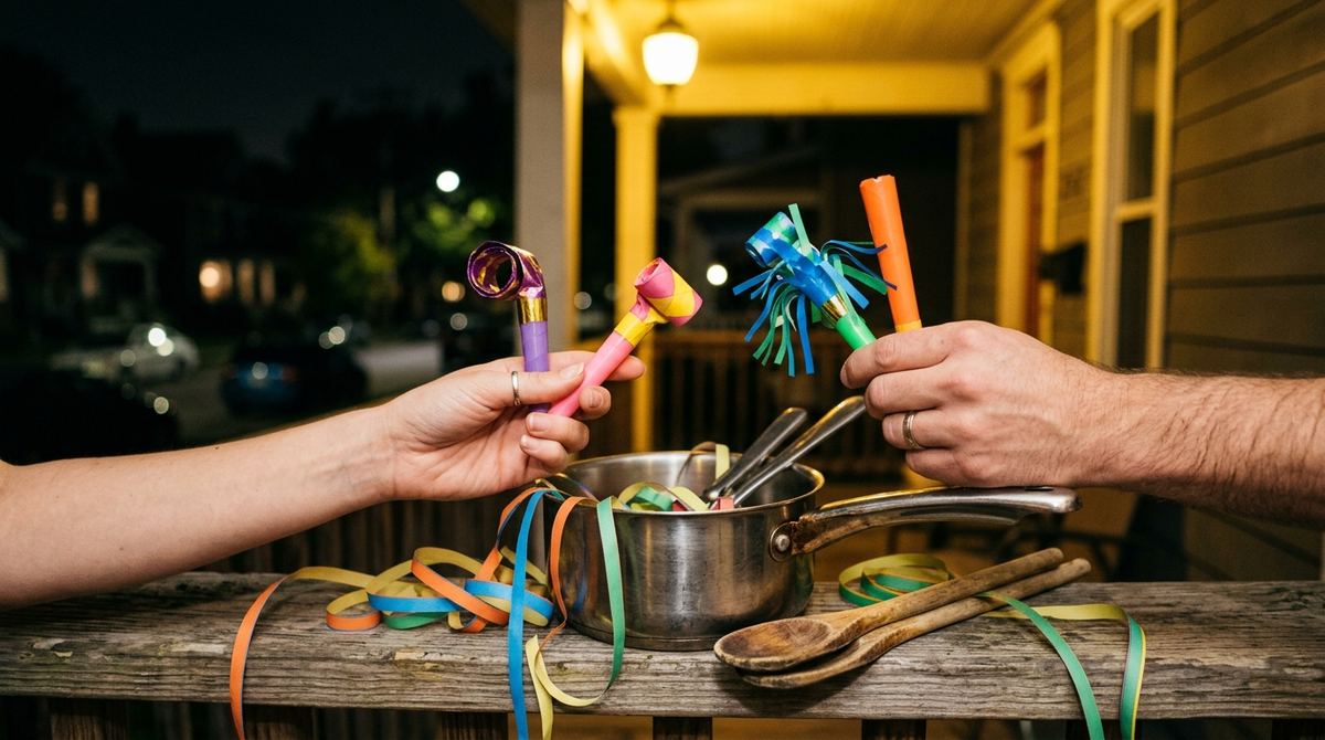 Hands holding noisemakers next to a pot and wooden spoons