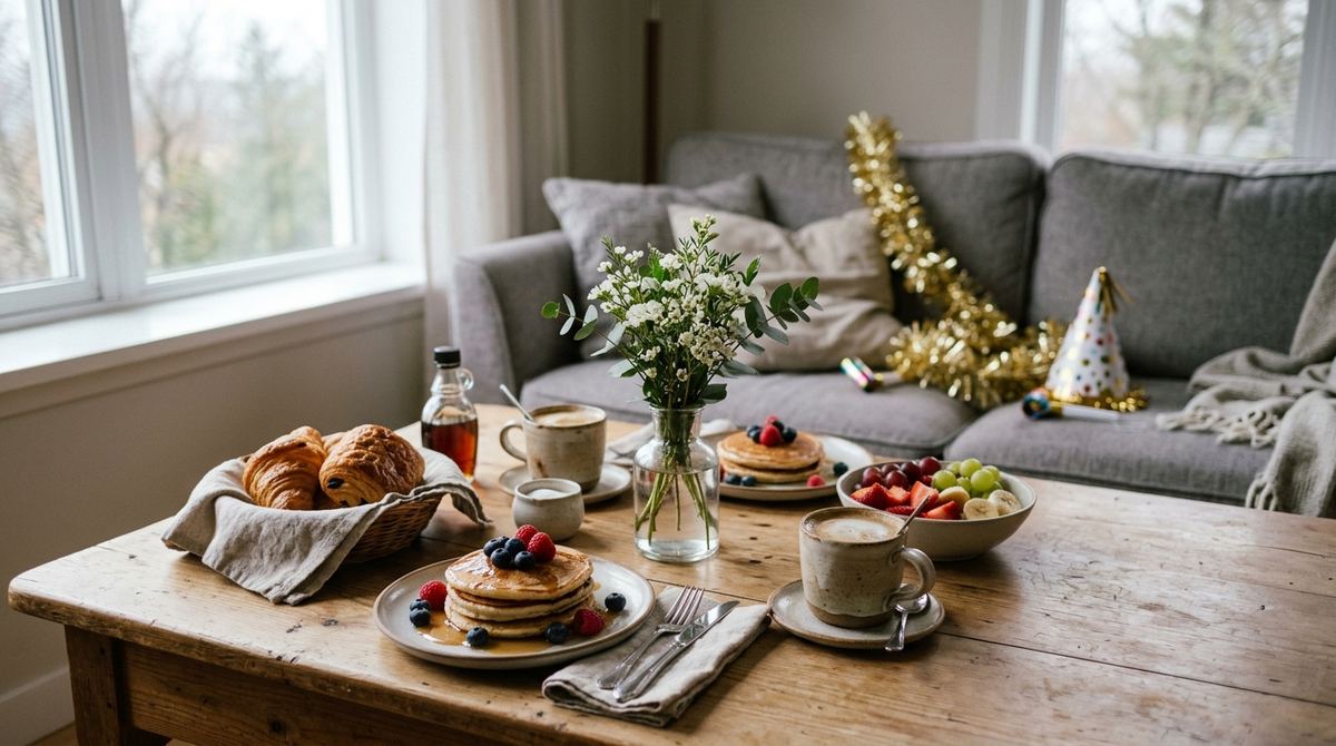 Breakfast table with pastries in soft morning light