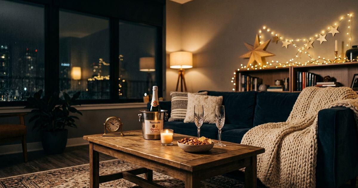 Cozy living room set for a quiet New Year's Eve at home with candles, string lights and a small toast setup