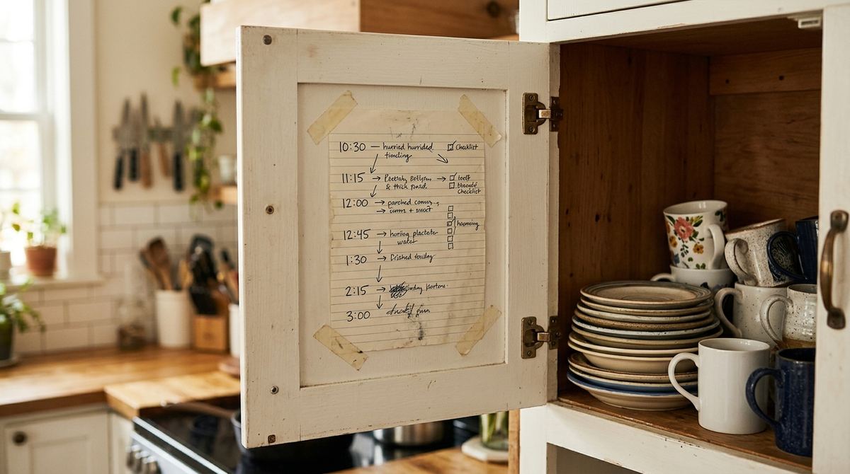Handwritten cooking timeline taped inside a kitchen cabinet door