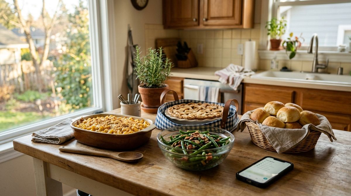Kitchen counter with potluck dishes arriving and a phone showing a checklist