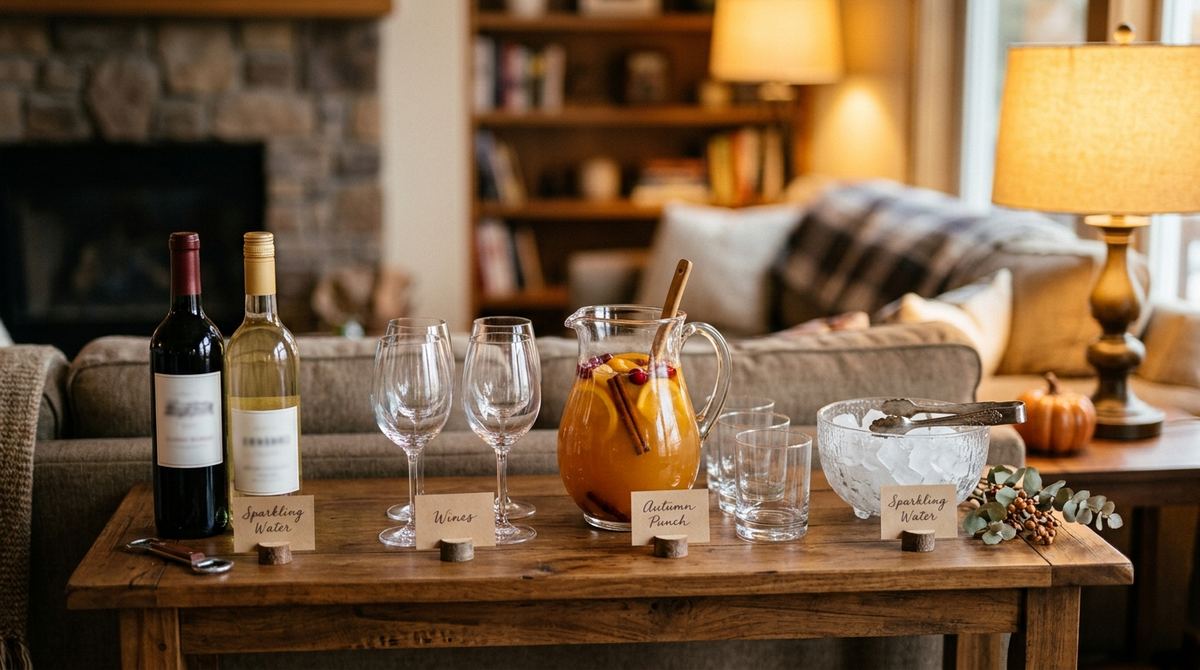 Small drink station on a side table with a pitcher, wine bottles and a bowl of ice