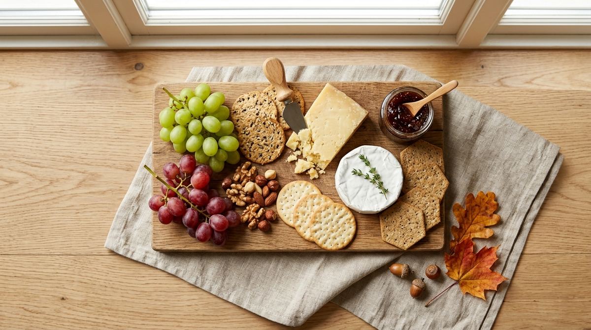 Overhead cheese and cracker board with jam and grapes
