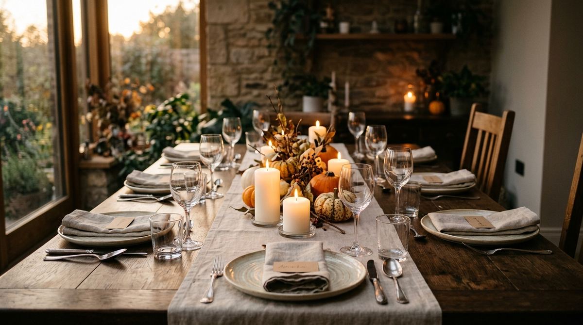 Set dining table with a table runner and name cards