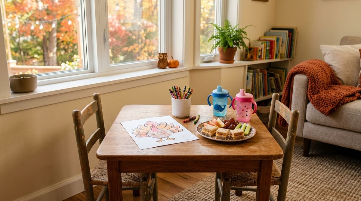 Small kids' table with crayons and a coloring page