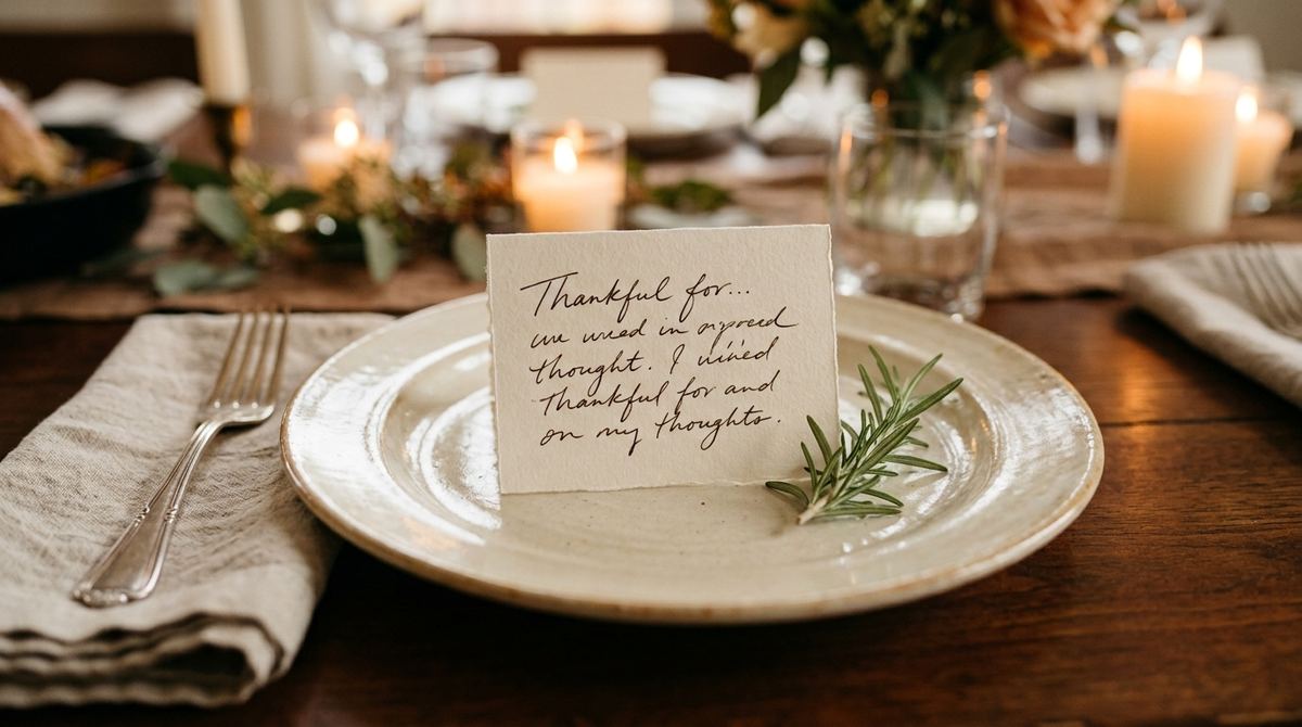 Small gratitude card resting on a dinner plate