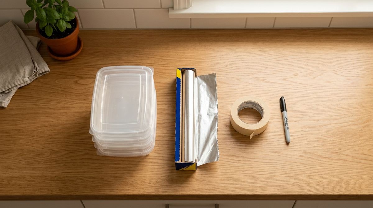 Counter with a stack of disposable containers ready for leftovers