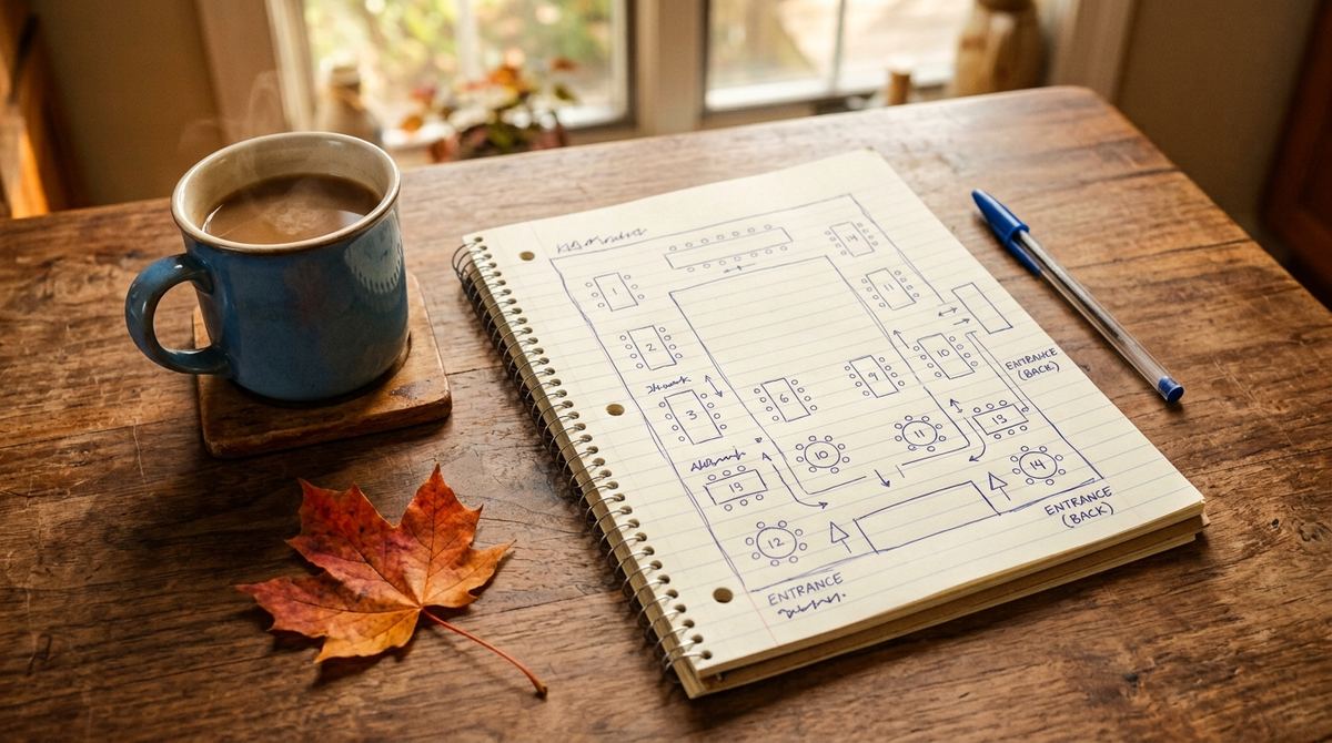 Hand-drawn seating chart on a notepad next to a cup of coffee
