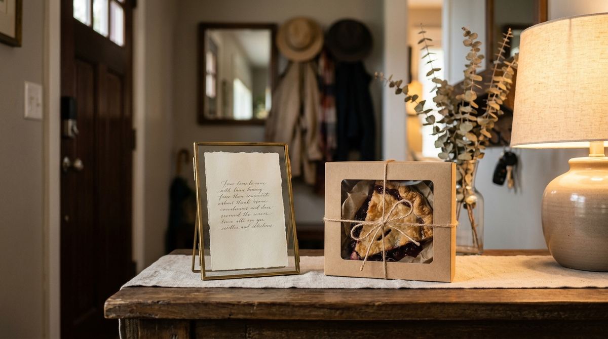 Place card in a small frame next to a to-go dessert box by the front door