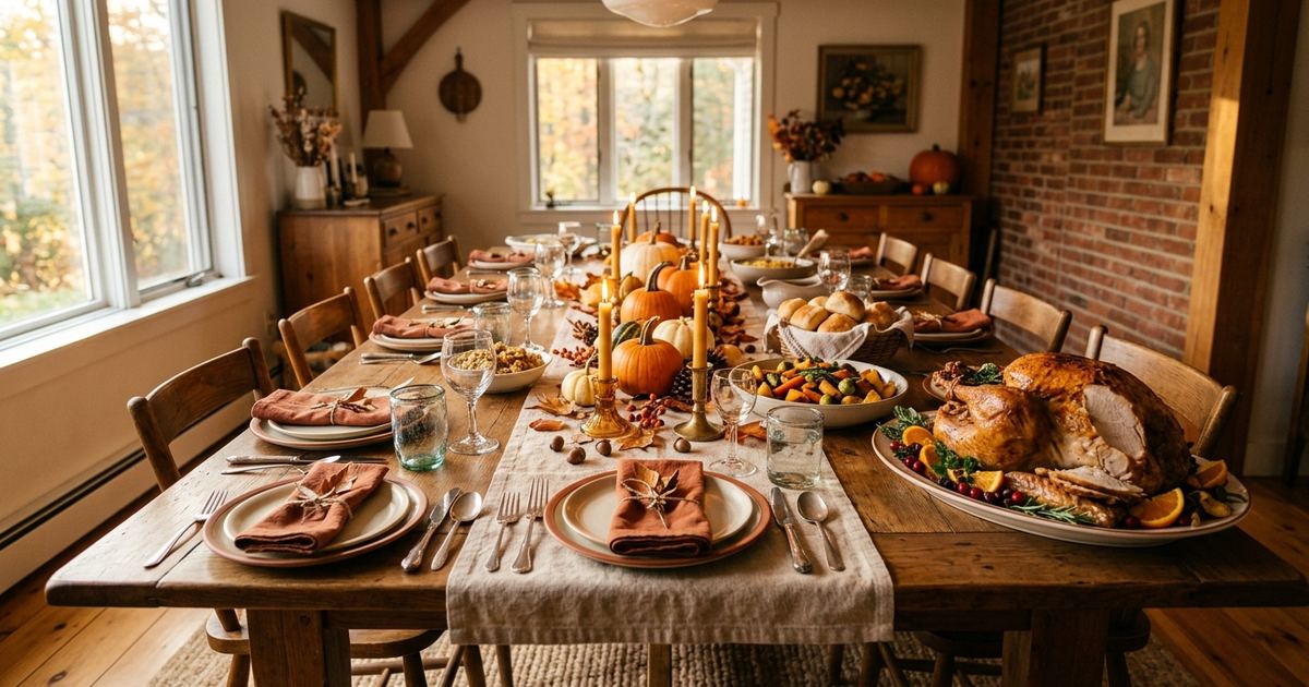 Warmly lit Thanksgiving dinner table set with a runner, candles and shared dishes