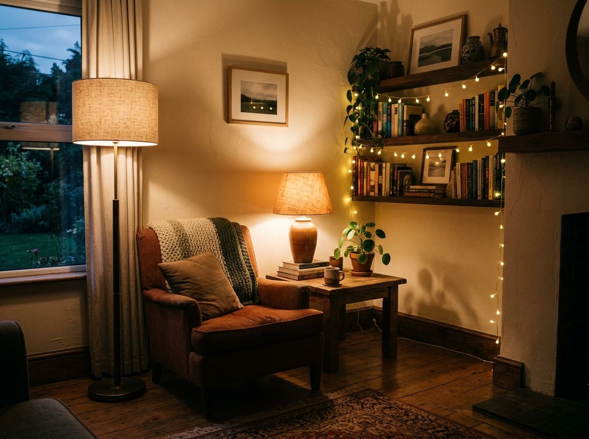 Living room corner with three warm light sources at different heights: floor lamp, table lamp, and string lights