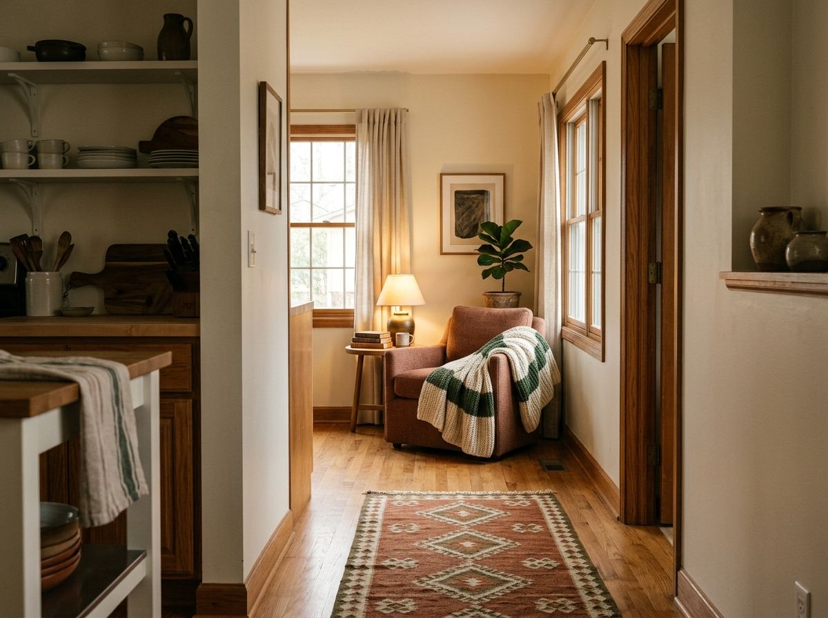 Armchair with a throw tucked at the end of a hallway near a window, warmly lit