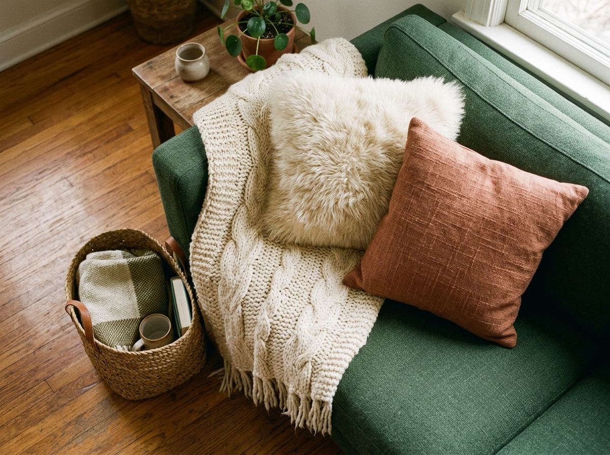 Couch corner layered with a chunky knit throw, a faux-fur pillow, and a woven basket