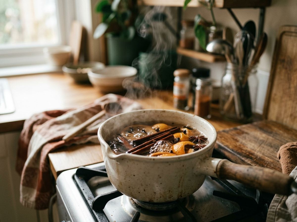 Small pot simmering on the stove with cinnamon sticks and orange peel, steam rising