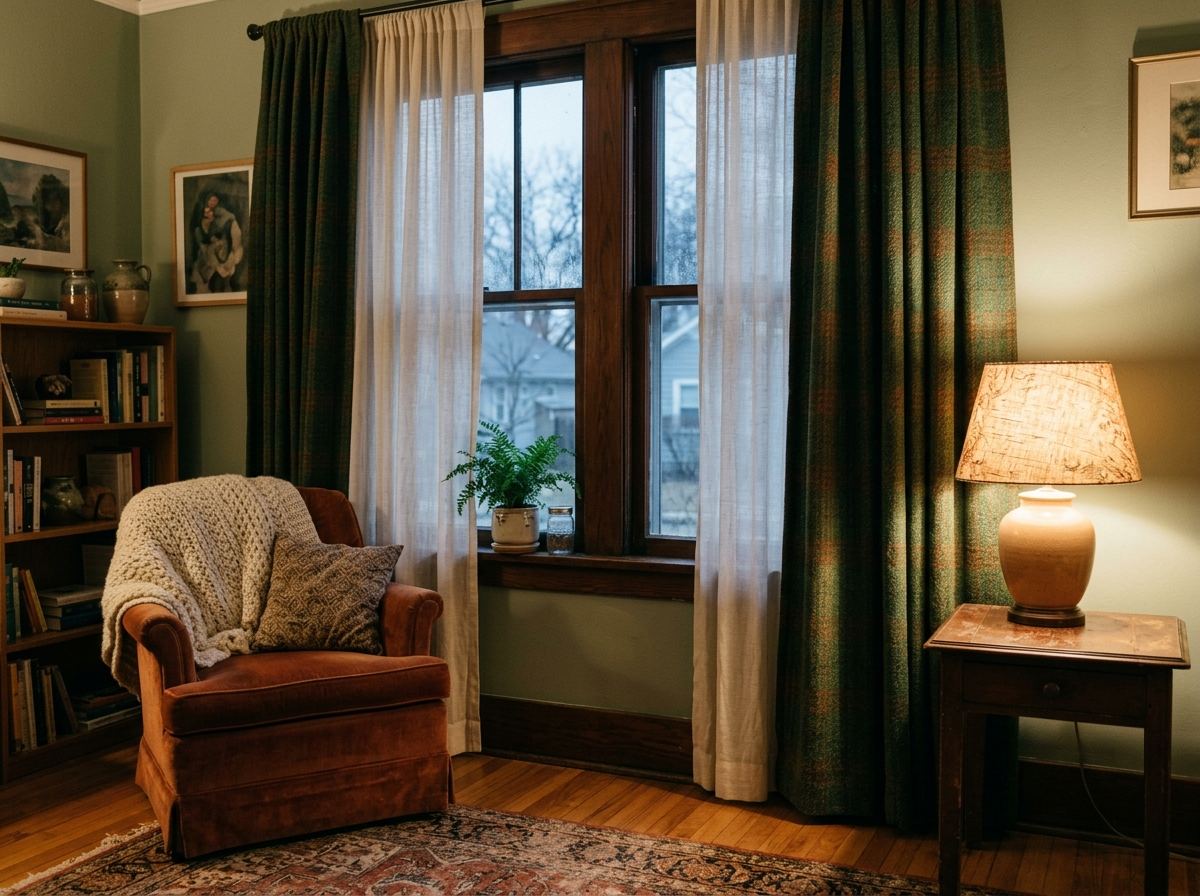 Window with heavy layered curtains partially closed against early evening light