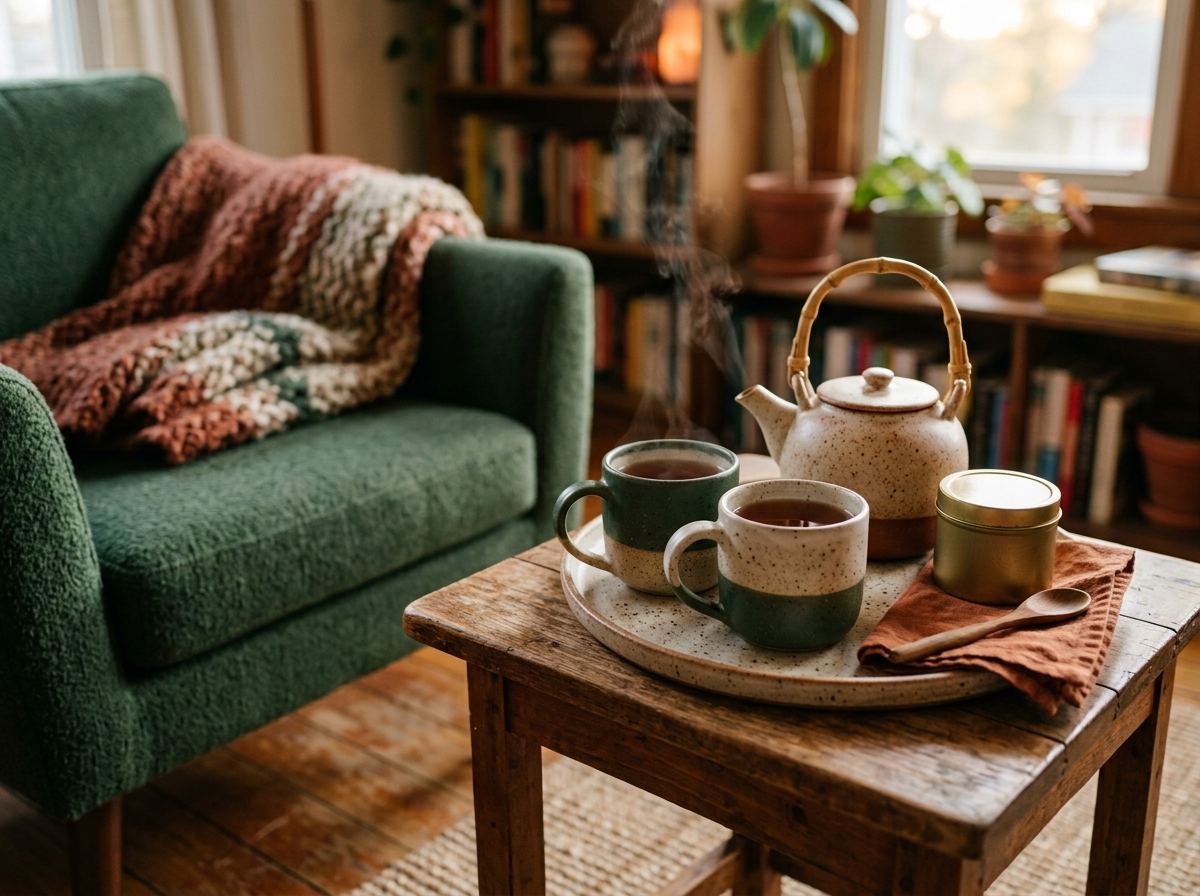 Small tray with a kettle and two mugs on a side table near a green armchair